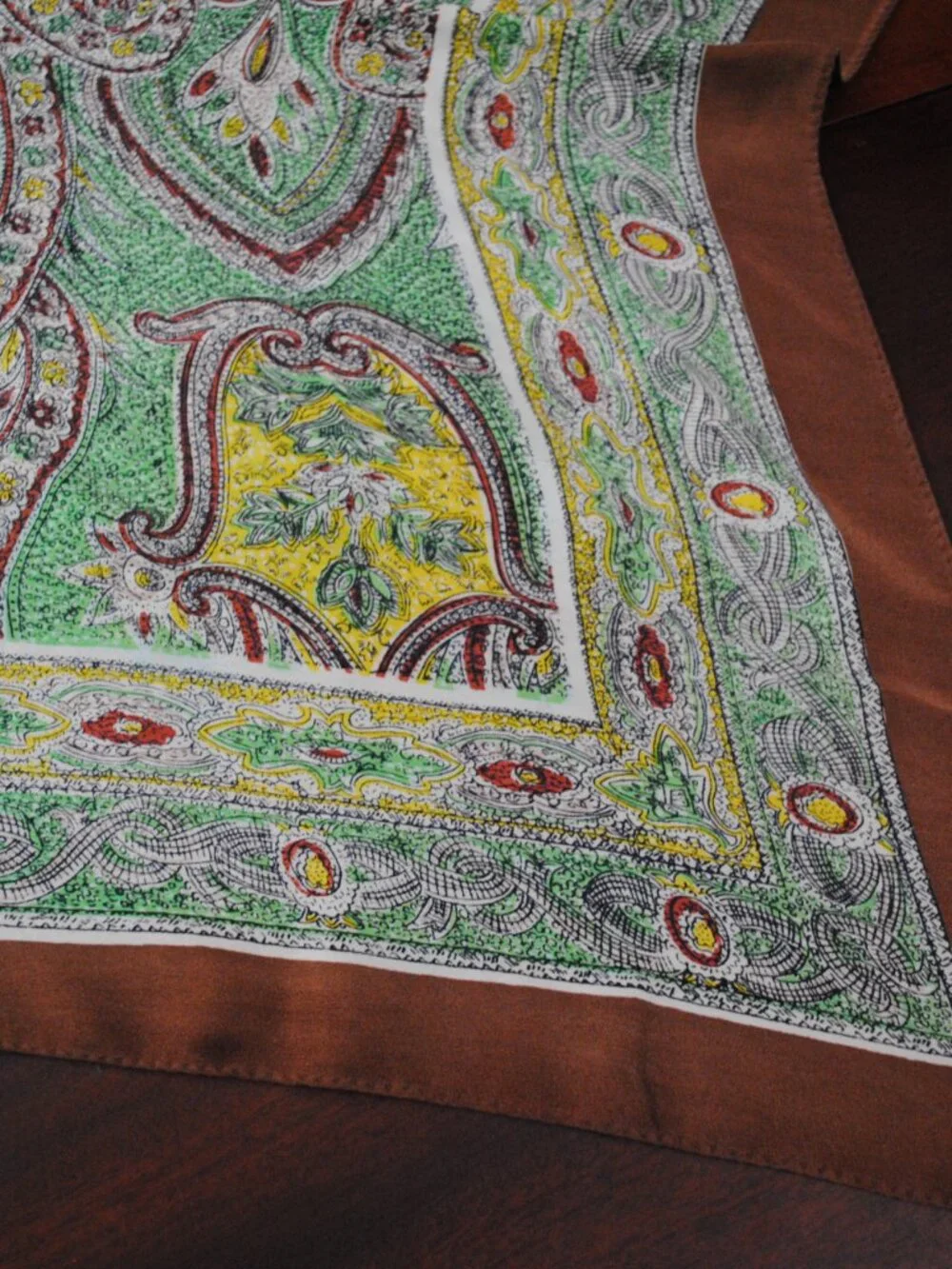 Large Vintage Brown, Yellow, & Green Floral Paisley Scarf